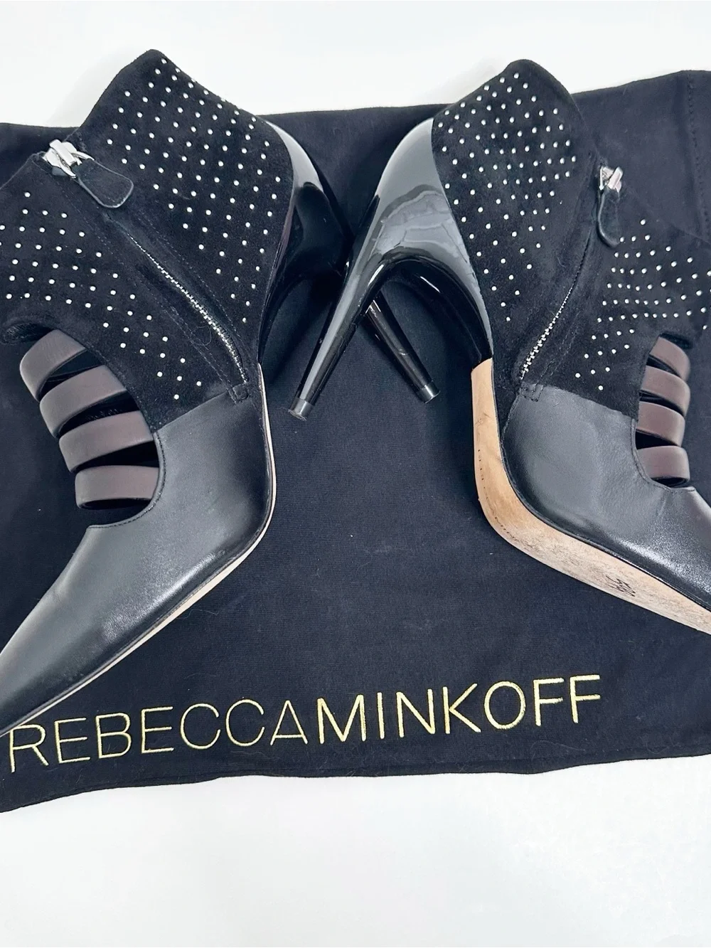 Rebecca Minkoff Caesar Studded Heels Black Leather & Suede Size 8